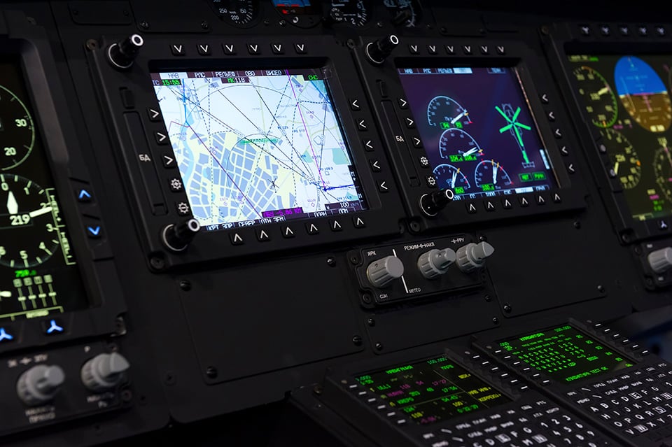 Control panel in military helicopter cockpit, copter dashboard with tactile switches